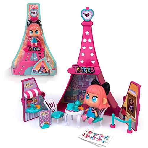 Trotties - Mini Sophie in Paris Toy Set with Pink Eiffel Tower, 1 Mini Doll and Many Accessories, with 3 Scenarios and Stickers to Decorate, Gift + 3 Years, Famous