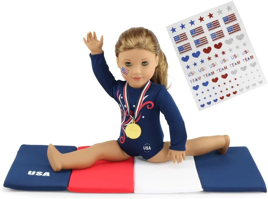 Emily Rose 18 Inch Doll Gymnastics Clothes and Accessories Set - Includes Leotard, Tumbling Mat, Gold Medal and Patriotic Face Stickers! l Fits Most 18“ Dolls