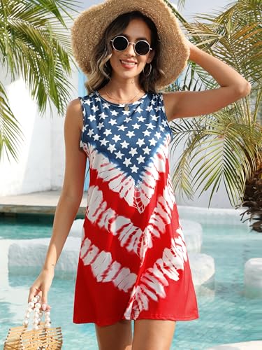 Image of VVNTY American Flag Tank Dress Women: 4th of July Shirts Sleeveless Patriotic USA Flag Tees Casual Summer Tanks Sundress