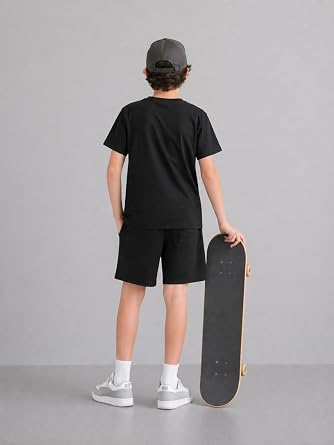 Azmxynol Boys Clothes Summer Tween Short Sleeve Graphic Top + Shorts 2 Pieces Outfit Set, Size 6-15 Years