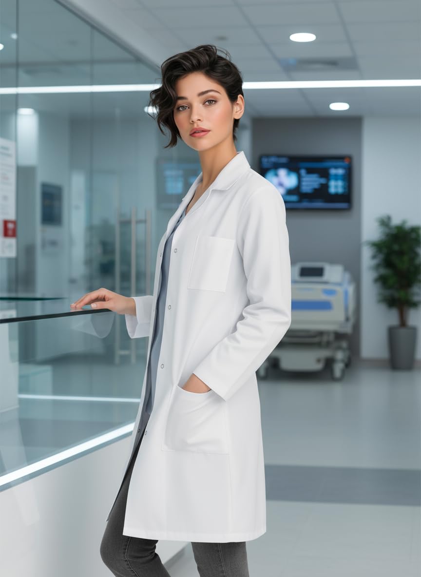 LuluLab Profesjonalny fartuch laboratoryjny dla mężczyzn i kobiet, styl unisex, wiele kieszeni, luźny krój, zapięcie na zatrzask, długość 100 cm