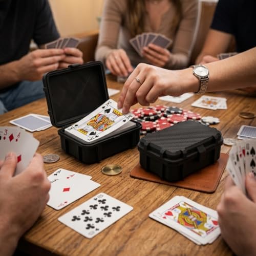 Image of Rugged Playing Card Storage Box with Snap Lock, Premium Carbon Fiber Finish, Durable Travel Case for Card Decks, Universal Compatibility - Holds upto 2 Deck (Black)