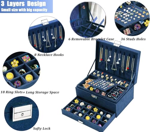 Image of KRISHYAM 3-Layer Velvet Jewelry Storage Box with Lock - Multi-Compartment Organizer Case for Rings, Earrings, Bracelets, Necklaces & Watches (Blue)