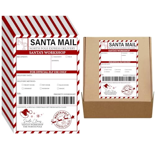 Maitys 50 Pcs North Pole Christmas Stickers from Santa for Gifts 3.9 x 5.9 Inch Christmas Gift Tags Shipping Elfs Express Delivery Mail Wrapping Paper Label for Xmas Box Bags Party(White)