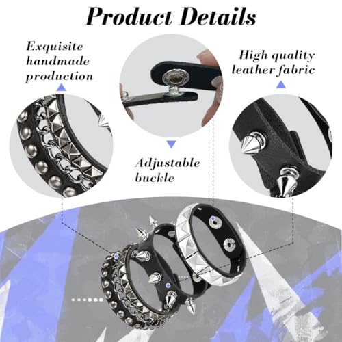 Image of GUSTAVE Bracelet for Man Punk Rock Studded Bracelets Black Leather Cuff Bracelet for Men Women Adjustable Goth Bracelets 80s Retro Style Wristband Halloween Party Accessories