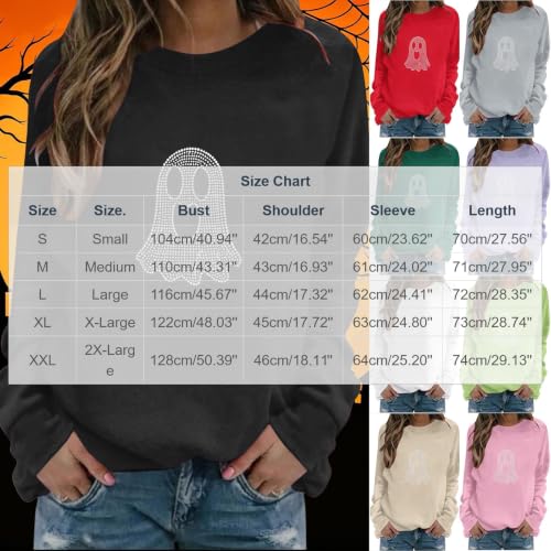Women Halloween Rhinestone Ghost Sweatshirt Loose Fit Crewneck Pullover - image 3