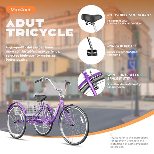 Image of Max4out Adult Tricycle with Large Basket 24 /26 Inch, Stable 3 Wheel Cruise Bicycle for Shopping, Beach and City Trike Perfect for Men, Women, Seniors（Blue /Purple /Red）