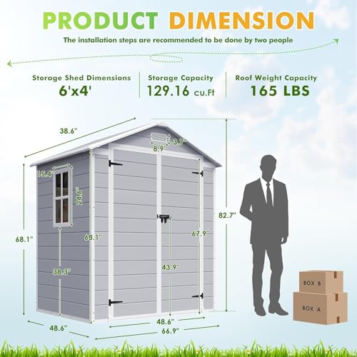 Image of Devoko 6 x 4 FT Plastic Outdoor Storage Shed with Floor, Resin Tool Shed with Window, Outside Waterproof Garden Shed with Lockable Door for Patio, Backyard, Poolside, Light Grey