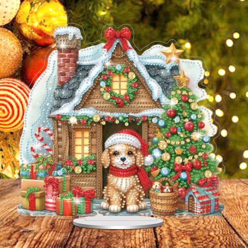 Starnearby DIY Diamond Painting Weihnachten Tisch Deko, 5D Diamant Painting Weihnachten Neu, Diamond Painting Winter Stehend Kunst Set für Anfänger Hausgeschenk Deko (Hundehütte)