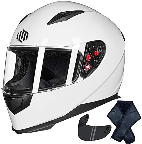 ILM Full Face Motorcycle Street Bike Helmet with Removable Winter Neck Scarf + 2 Visors DOT Model-JK313 (M, White)