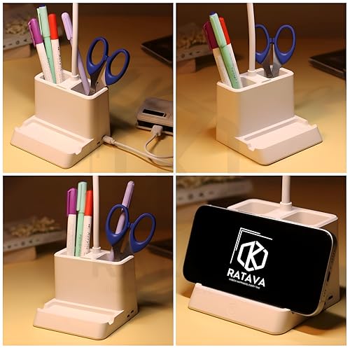Image of Rechargeable 3-Color LED Desk Lamp with Phone Holder & Pen Stand - Adjustable Brightness Study Light for Students, Kids, Office - Touch Control, Eye Protection, Portable Desk Lighting (White)