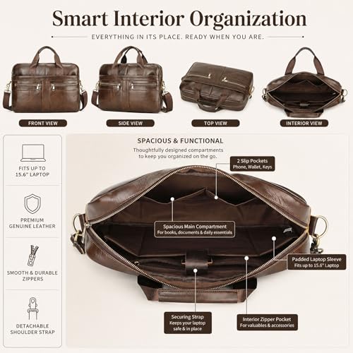 Image of Men's Leather Laptop Bag 15 IN, Water-Resistant Briefcase Messenger Bag for Work, Business, Shoulder Crossbody Office Satchel