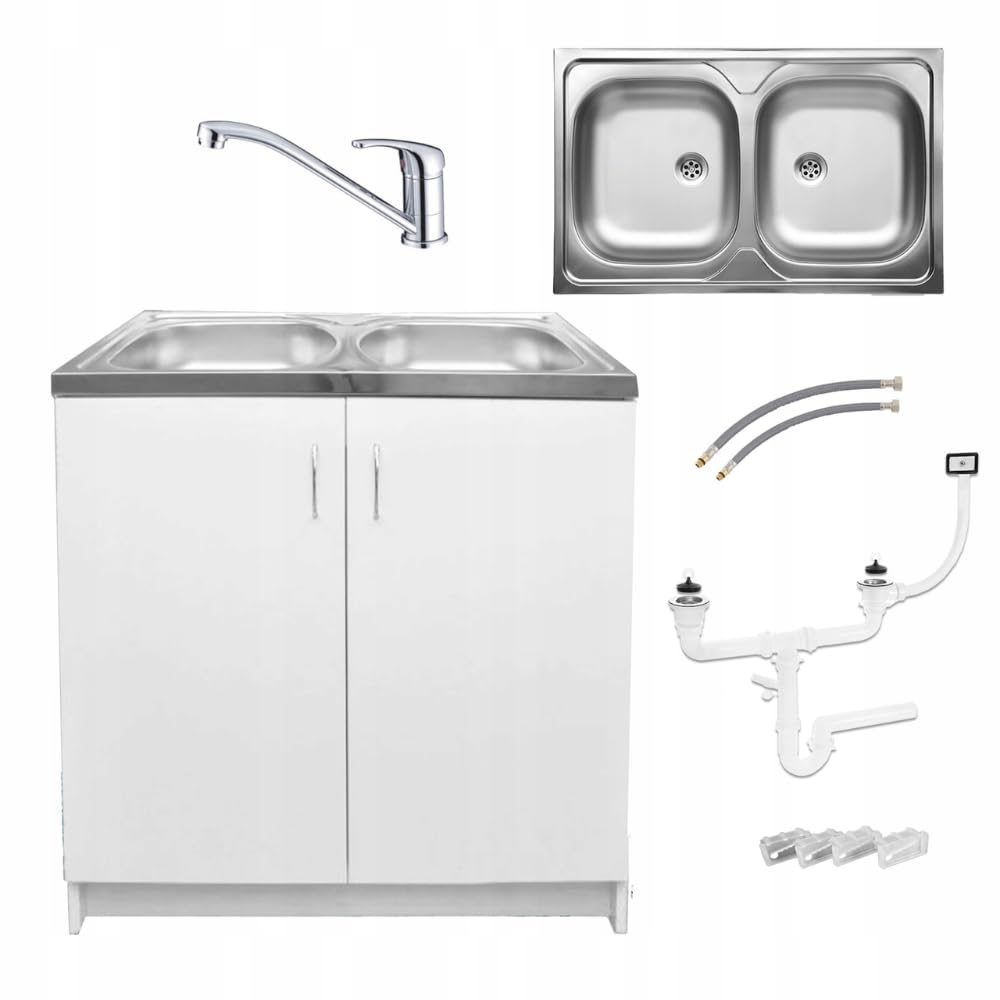 Möbel Spüle mit Unterschrank 80 cm Weiß Küchenspüle 2-Kammer & Edelstahl-Spülbecken kompakter Spülenunterschrank für Küche, Standschrank 49 cm Tiefe Siphon Montagefertig