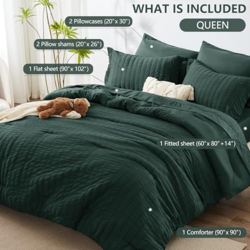 Image of HIMEET Queen Comforter Set - 7 Pieces Seersucker Bed in a Bag, Boho Bedding Sets for Bedroom Decor, All Season Home Essential Bed Set with Comforter, Sheets, Pillowcases & Shams, Forest Green