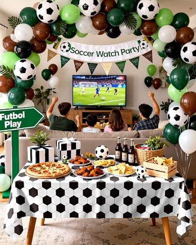 Image of Pureegg Soccer Party Decorations 2026 Plastic Tablecloth Disposable 8 Pack, Rectangle Table Cover 54 x 108 Inch, Sturdy Leakproof Plastic Table Cloth for Soccer Birthday Party, White and Black Soccer