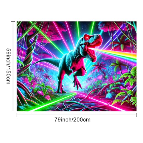 Image of BlissYard Blacklight Tapestry 78x59 Inch Laser Dinosaur Tapestry Trippy Jungle Neon Wall Art UV Reactive Glow in the Dark T Rex Poster for Bedroom Dorm Party Wall Hanging Decor