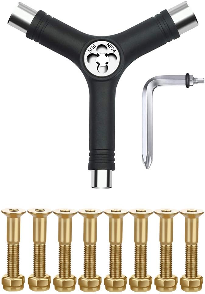 BESIY 1-Inch Skateboard Mounting Hardware 8PCS & All in One Skate Tool, Y Tool for Skateboard