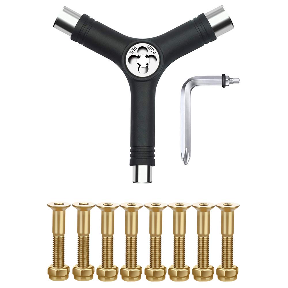 BESIY 1-Inch Skateboard Mounting Hardware 8PCS & All in One Skate Tool, Y Tool for Skateboard