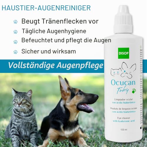 Ocucan Toby Augenreiniger mit Hyaluronsäure für Hunde. Beseitigt Augensekret und Schmutz sanft und natürlich. Verhütet auch das Auftreten von Flecken unter den Augen (100 ml)