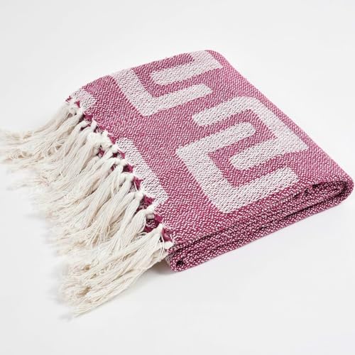 Image of Geometric Cotton Handloom Throw Blanket for Sofa & Bed | Soft Lightweight Reversible Decorative Throw with Tassels | All-Season Couch Throw (125x150 cm)