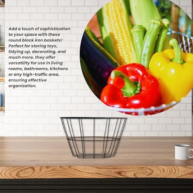 Black Metal Wire Storage Baskets Round Decorative Organizer Bins Mini Desks Shelves Trinkets Container Kitchen Home Office Bedroom Bathrom Store Spices Pantry Shelf Closet