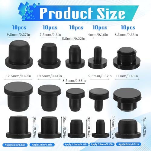 Image of 50PCS 5 Sizes Silicone Hole Plug Black Round Rubber Stopper High Temp T Shaped Plug Waterproof Button Tube End Cover Soft Flexible Plugs for 4-9.5mm Inner Diameter Hole Bottles