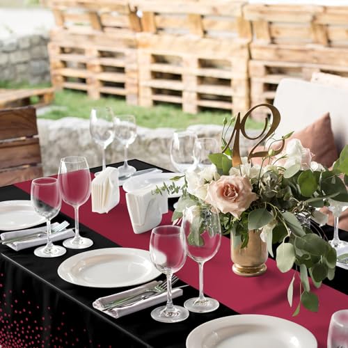 Image of 3Pcs Black and Maroon Tablecloth Party Decorations,Plastic Black Table Cloth Printed Maroon Table Runner Disposable Rectangle Table Cover for Birthday Wedding Graduation Anniversary Party,54x108Inch