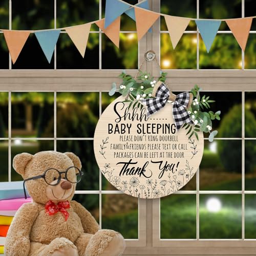 Image of Deroro Shhh Baby Sleeping Front Door Sign, Please Don't Ring Doorbell Wood Plaque Hanger Nursery Kids Infant Children Bedroom Decor, Farmhouse Wooden Wreath with Plaid Bow Wall Hanging Decoration