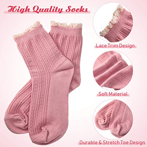 Image of Syhood 6 Pairs Women Ruffle Socks Frilly Lace Trim Cotton Cute Vintage Dress Crew Ankle Boot Socks