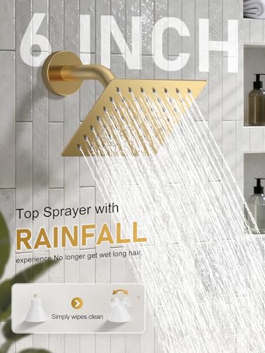 Image of Woindo Shower Faucet Set, 10 inch Ceiling Mount Rainfall Shower System with 2 Rain Shower Head and Multi-function Handheld Head Push Button Diverter Shower Faucet Trim Kit