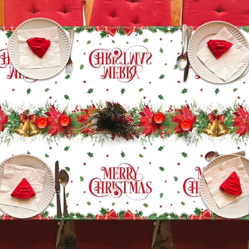 QZYL 2 Pack Christmas Tablecloths, 54" x 108" Xmas Plastic Table Cloth, Poinsettia Holly Bells Design Holiday Disposable Tablecover Rectangle Tablecloth, Christmas Decor Holiday Table Decorations – Image 5