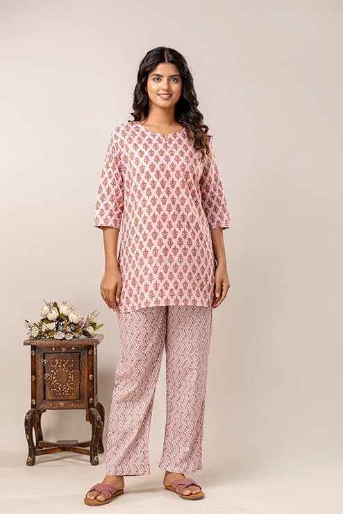 Image of Pure Cotton Printed Night Suit Set | Top Pyjama Set for Women | Night Dress of Kurta Pyjama Set for Women | Kurta Top Set