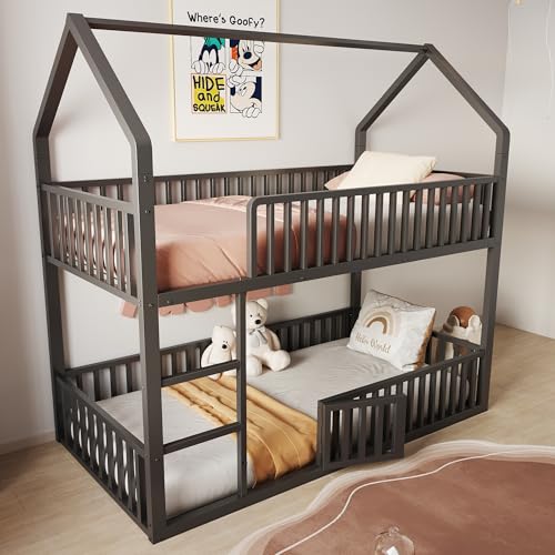 Goldicoo Litera para niños, 90 x 200 cm, metal, color negro, con escalera y puerta, diseño de casa, cama doble para niños y adolescentes