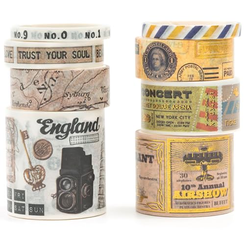 Washi Tape Set de 8 Rollos Lámina de Oro Retro Lables Cinta Adhesiva Decorativa para Scrapbooking