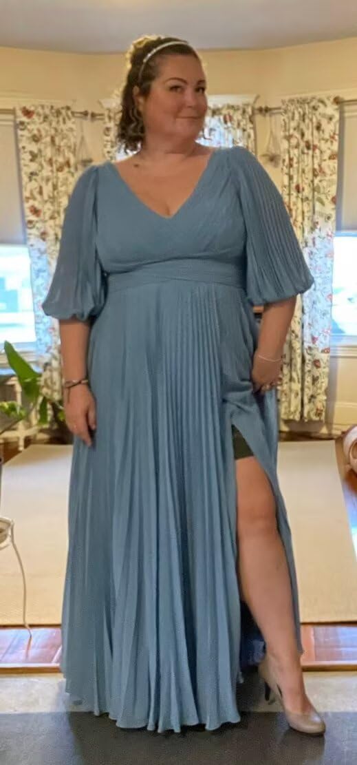 Chiffon V Neck Mother of The Bride Dresses with Slit Long Sleeves Pleated Formal Evening Dress PUS071