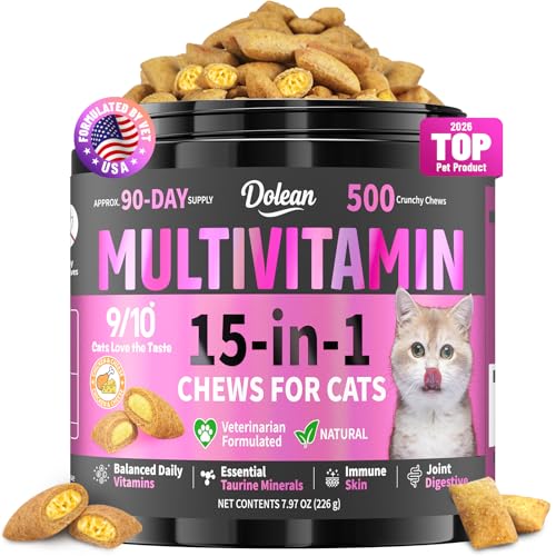 Cat Multivitamin Treats with Taurine, 15 in 1 Cat Vitamins Support Skin, Joint, Digestion & Immune Supplement, 500 Crunchy & Creamy Chews with Essential Vitamins for Cats of All Ages (90-Day Supply)