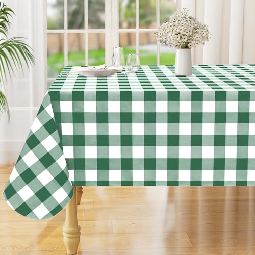 Image of misaya Rectangle Waterproof Vinyl Table Cloth, Buffalo Flannel Backed Tablecloth, Wipeable Plastic Table Cover for Dinner, Kitchen, Outdoor (52 inch x 70 inch, Emerald Green and White)