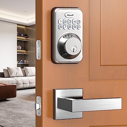Zowill Keyless Entry Door Lock with 2 Handles, Electronic Keypad Deadbolt, Auto-Locking, Anti-Peeping Password, Digital Smart Code Door Lock, Front Door Handle Sets, Satin Nickel