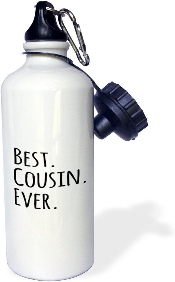3dRose Best Cousin Ever-Gifts for Family and Relatives-Black Text Sports Water Bottle, 21 oz, White