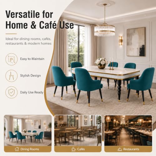 Image of 6-Seater Dining Table Set with Nano Composite Marble Top | Golden PVC Wooden Base | Includes 6 Fabric Upholstered Chairs | 2 Year Warranty | Dining Room Furniture Set for Home (Sea Blue)