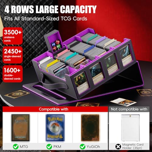 Image of Trading Card Storage Box - 3500+ Magnetic MTG Deck Box with Handle,Commander & Toploader Display, Dice Box,4 Dividers & 30 Color Labels-Fits for TCG,MTG,Yu-Gi-Oh and Sport cards(Black /Purple)
