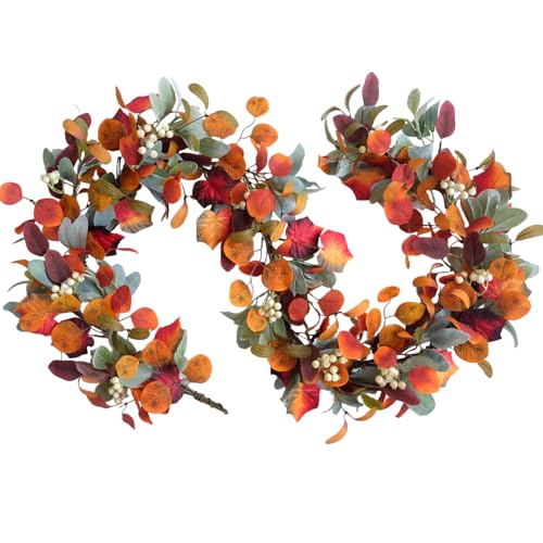 Egolot 70 Inch Fall Orange Eucalyptus Maple Leaves Garland with White Berries Wreath Garland for Front Door, Autumn Leaves Home Decor Garlands for Indoor Outdoor, Rustic Farmhouse Fall Leaves Garlands