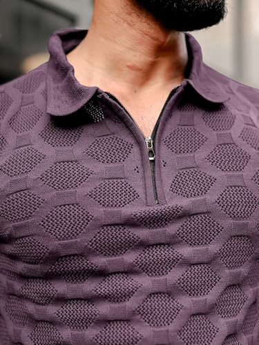 Image of Maniac || Mens || Solid Textured || Half Zip || Polo Neck || Half Sleeve || Cotton || T-Shirt