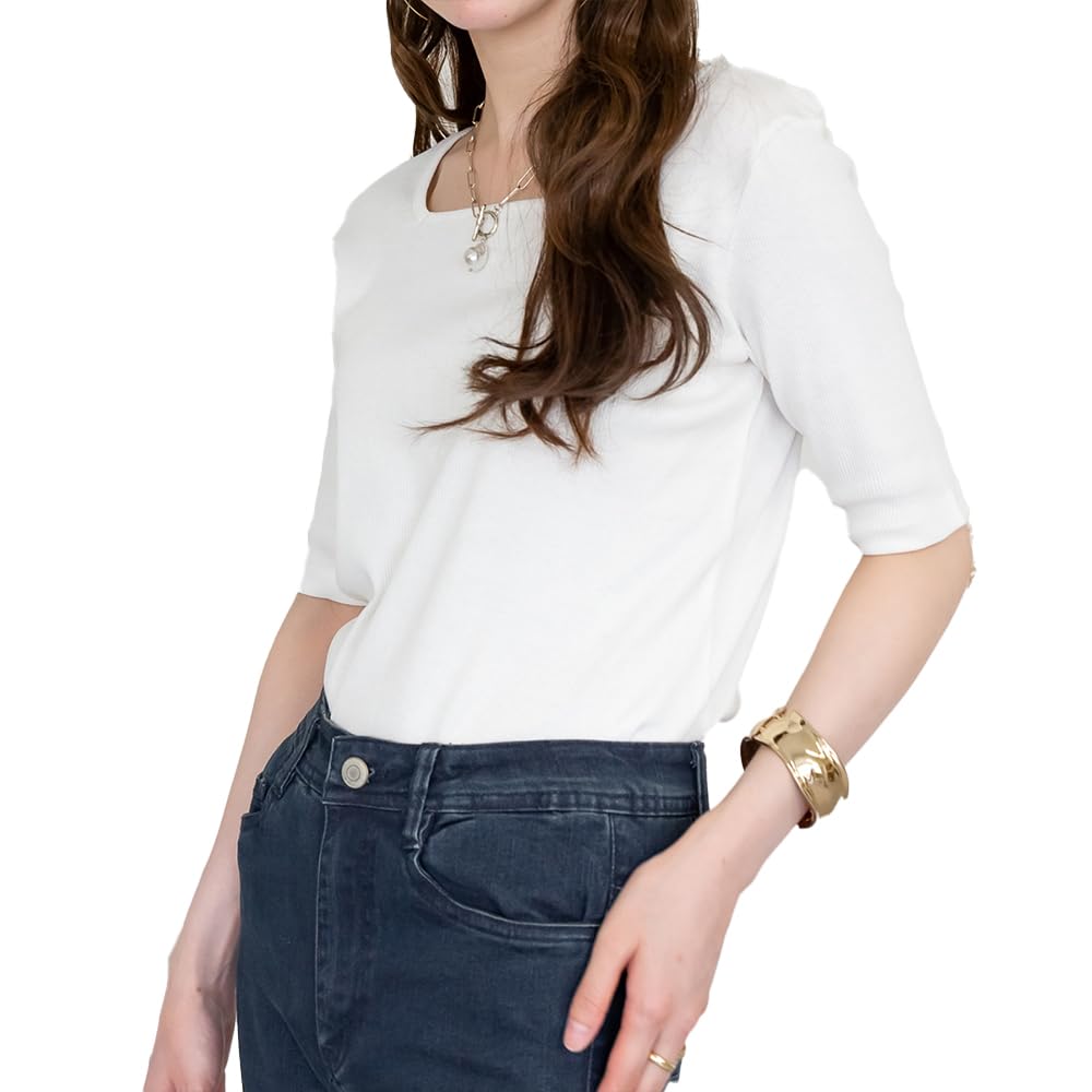 [Jungle Jalopy] スクエアネック 五分袖リブtシャツ 大きいサイズ レディース Tシャツ 半袖 五分袖 スクエア カットソー 無地 夏 夏服 春 秋