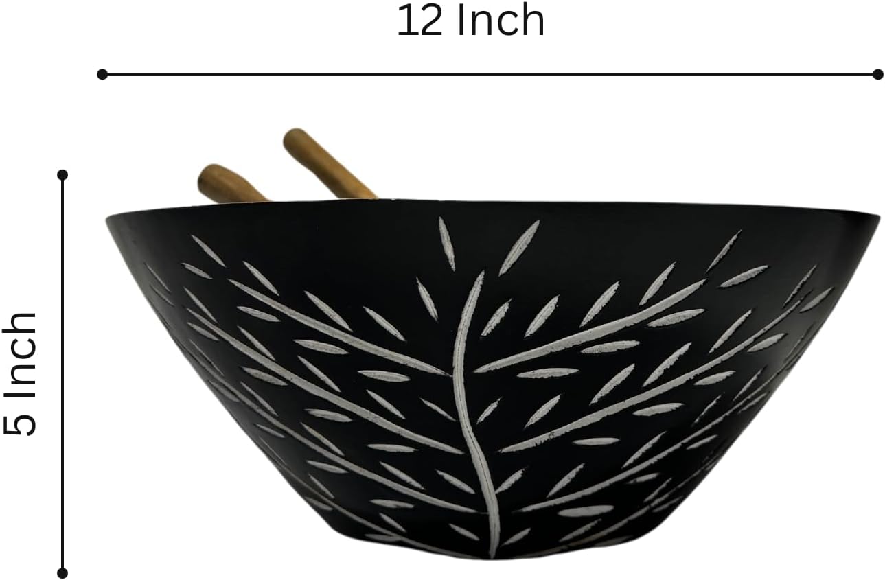 Perilla Home Wooden Salad Bowl For Kitchen Counter - White 12 inch Large - Handmade Decorative Pedestal Bowl for Table - Wooden Serving Bowl for Snacks