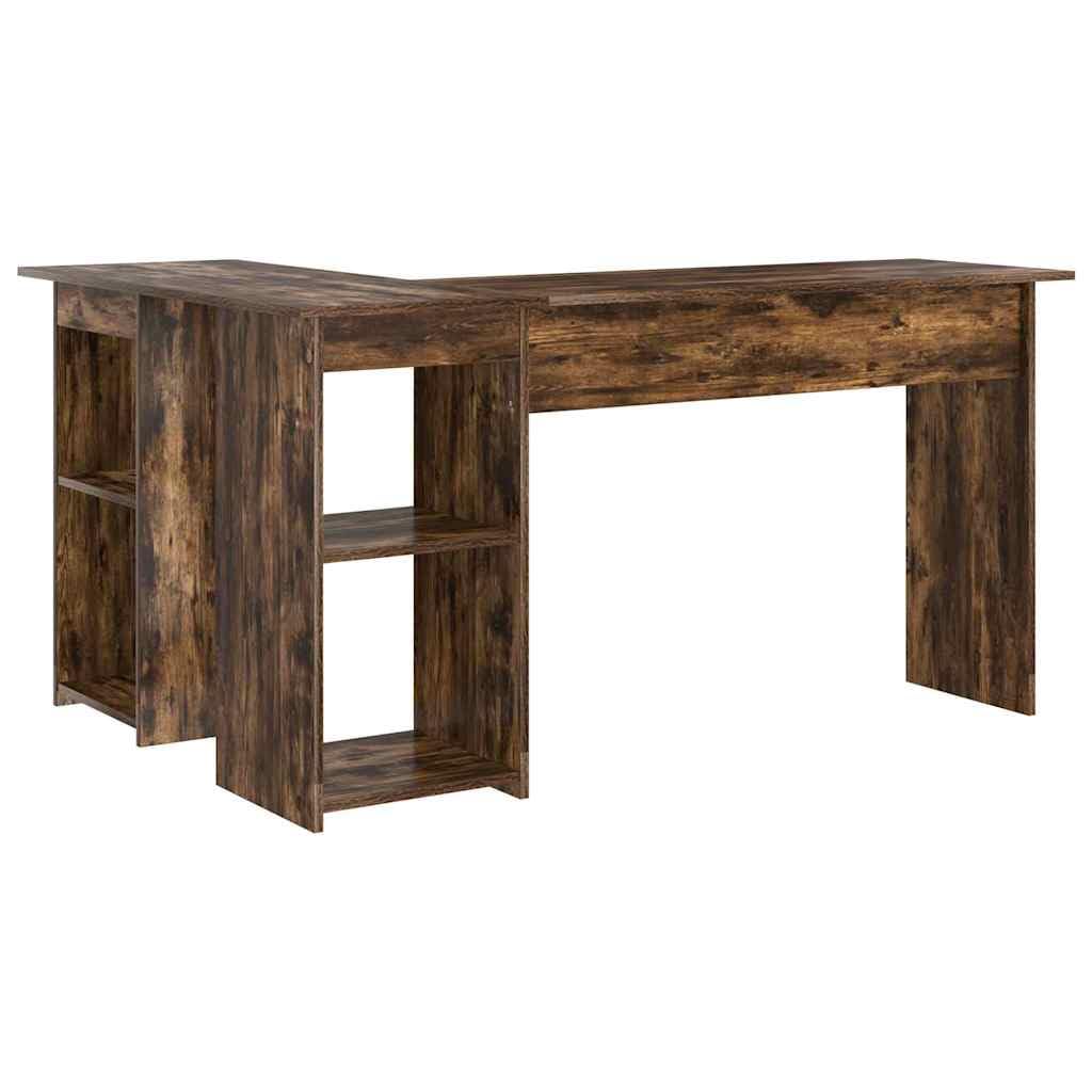 Scrivania in rovere affumicato, 142 x 102 x 73 cm, con ripiano e ripiano, scrivania angolare per computer per casa, ufficio e gaming, grande spazio di archiviazione e comodo spazio di lavoro