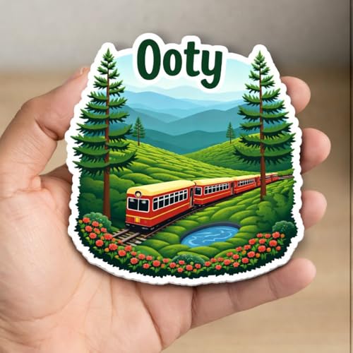 Image of Naxon Ooty Hill Station Theme Souvenir Wooden Fridge Magnet | Nilgiri Hills & Tea Gardens Design 3x3 Inch Refrigerator Magnet for Kitchen & Home Decor | Travel Gift from Ooty Tamil Nadu | Pack of 1