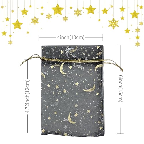 Image of YHJZ 100PCS Moon Star Organza Bags, 4x6 inches (10x15cm) Small Mesh Bags Drawstring, Jewelry Gift Pouches for Wedding, Party, Festival, Makeup Organza Favor Bags (Black)