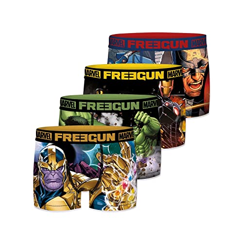 FREEGUN Calzoncillos Niño MARVEL, Boxer Joven y Adolescente, Iron Man, Capitan America, Hulk, Cinturón Antideslizante y Multi-Deporte (Lote de 4)