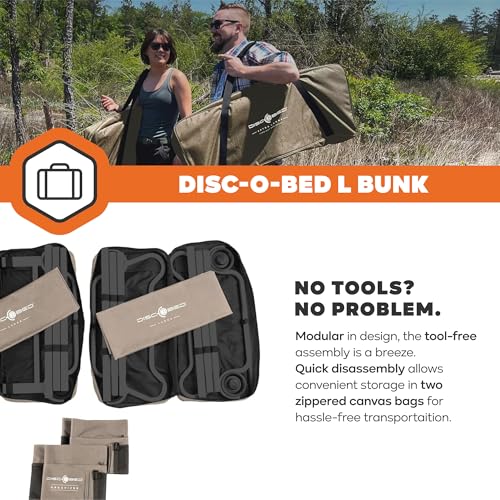 Image of Disc-O-Bed Large Portable Bunk Camping Cots with Carry Bags - Heavy-Duty Indoor or Outdoor Sleeping System, Converts to Bench or Separate Beds, 500 lb Weight Capacity Per Cot